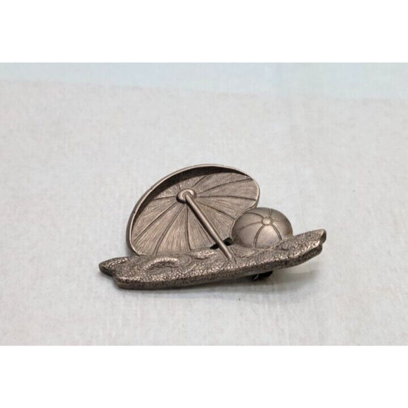 Vintage Paquette Pewter Tone Beach Umbrella Ball Scene Brooch 1"H x 2"W - Picture 2 of 4